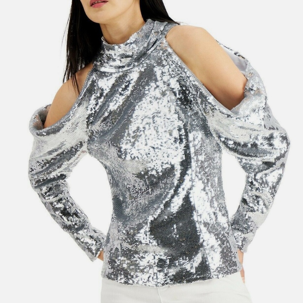 INC International Concepts Sequin Cold Shoulder Tie Back Top
